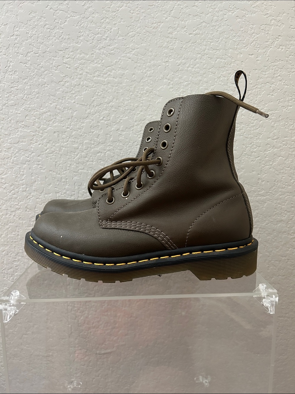 Dr. Martens Olive Lace-Up Combat Boots with Yellow Stitching